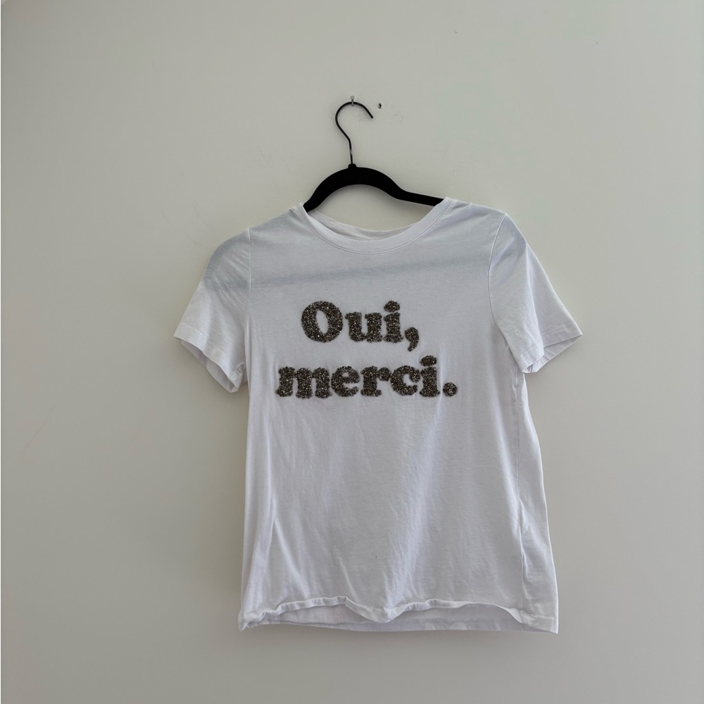 H&M White Tee with Beaded “Oui, merci.”